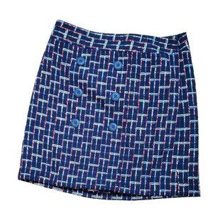 Loft Women's Navy Blue Tweed Button Front Preppy Red White Accented Mini Skirt